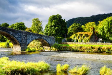 Pont Fawr, Conwy nehrinin karşısındaki ünlü ortaçağ taş köprüsü, Inigo Jones ve Tu-Hwnt-l 'r Bont tarafından inşa edildi - sarmaşık yapraklarıyla kaplı eski kulübe, Llanrwst, Caernarfon, Kuzey Galler, Birleşik Krallık