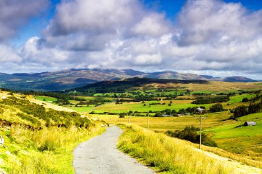 Birleşik Krallık 'ın Kuzey Galler' deki Snowdonia Ulusal Parkı 'ndaki dağlara giden yol manzarası. Snowdonia, Galler 'in kuzeyindeki bir dağ silsilesidir. Avrupa