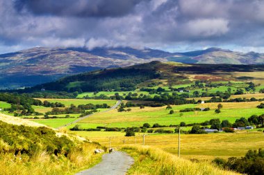 Birleşik Krallık 'ın Kuzey Galler' deki Snowdonia Ulusal Parkı 'ndaki dağlara giden yol manzarası. Snowdonia, Galler 'in kuzeyindeki bir dağ silsilesidir. Avrupa