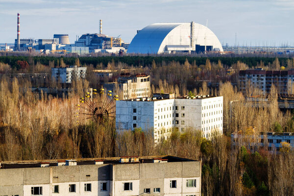 View from roof of 16-storied apartment house in Pripyat town, Chernobyl Nuclear Power Plant Zone of Alienation, Ukraine