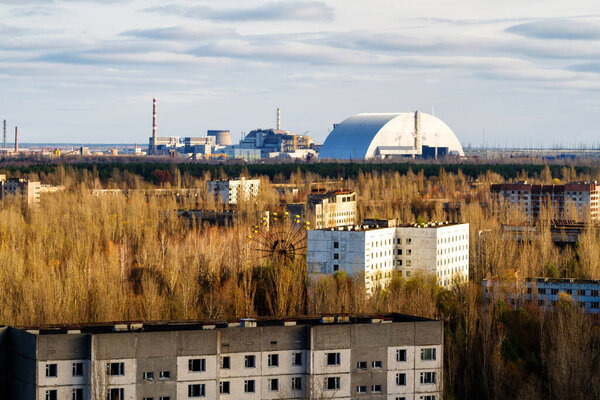 View from roof of 16-storied apartment house in Pripyat town, Chernobyl Nuclear Power Plant Zone of Alienation, Ukraine