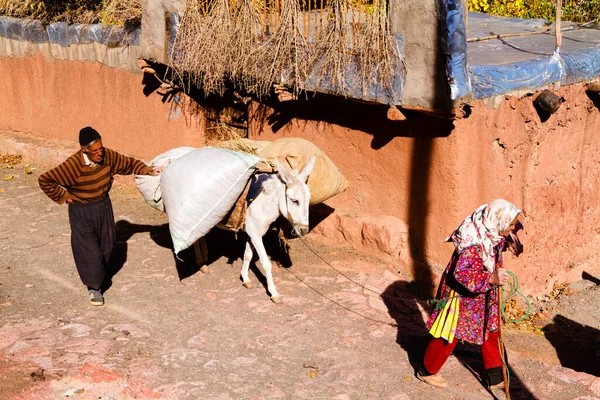 Abyaneh Irão Novembro 2016 Homem Mulher Viajando Com Burro Aldeia Fotografia De Stock