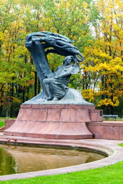 WARsaw, POLAND - 20 Ekim 2016: Waclaw Szymanowski (1859-1930) tarafından tasarlanan Polonya 'nın Varşova kentindeki Royal Lazienki Park' ın sonbahar manzarasında bulunan Fryderyk Chopin anıtı).
