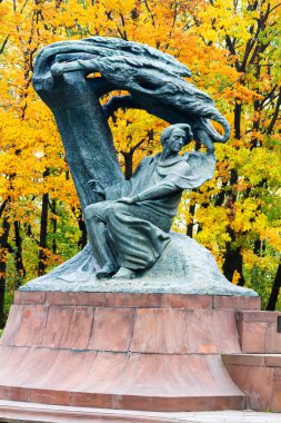 WARsaw, POLAND - 26 Ekim 2016: Waclaw Szymanowski (1859-1930) tarafından tasarlanan Polonya 'nın Varşova kentindeki Royal Lazienki Park' ın sonbahar manzarasında bulunan Fryderyk Chopin anıtı).