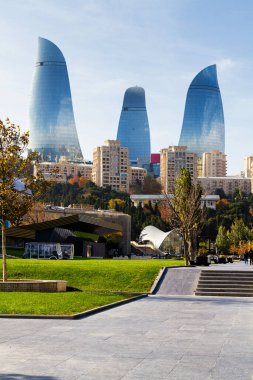BAKU, AZERBAIJAN - NOVEMBER 14, 2016: View of the city centre of Baku with Flame Tower in the background. Azerbaijan clipart