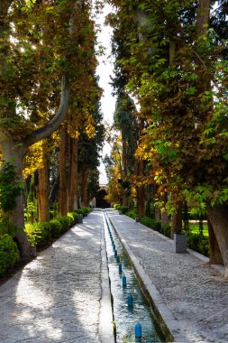 Pers şehri Kashan yakınlarındaki Fin Garden veya Fin Bagh manzarası. Su, Pers bahçelerindeki anahtar elementlerden biridir. İran, Orta Doğu, Asya
