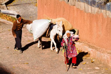 ABYANEH, İRAN - 15 Kasım 2016: Abyaneh köyünde bir eşekle seyahat eden erkek ve kadın.