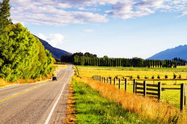 Vahşi, el değmemiş Yeni Zelanda kırsalının güzel ve doğal manzarasında yol.