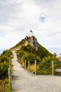 Nugget Point, Catlins, Yeni Zelanda. Catlins bölge parkındaki Nugget Point feneri popüler bir turizm merkezidir..