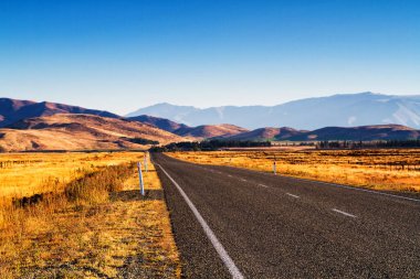Vahşi, el değmemiş Yeni Zelanda kırsalının güzel ve doğal manzarasında yol.