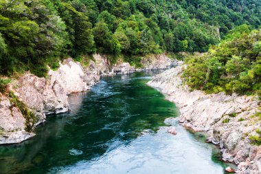 Buller Nehri 'nin mavi suları kayaların arasından Batı kıyısı, Yeni Zelanda' nın güneyindeki Rezerv Bölgesi 'ne uzanır.