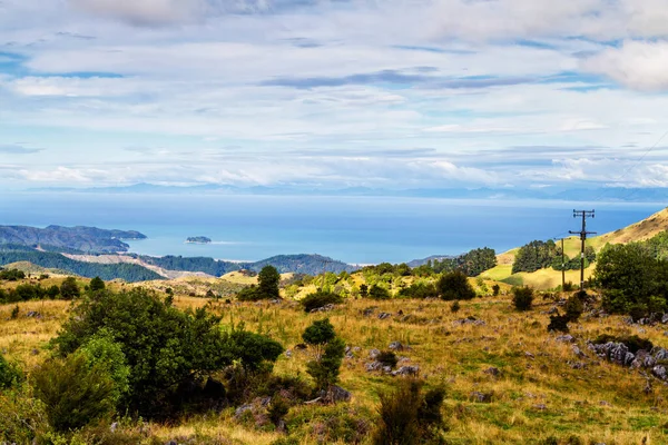 뉴질랜드 풍경은 아름다운 농지이다 타스만 근처의 고개에서 바라본다 태즈먼만 — 스톡 사진