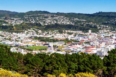 Wellington City limanı ve şehir merkezi. Binalar merkez ticaret bölgesinde..