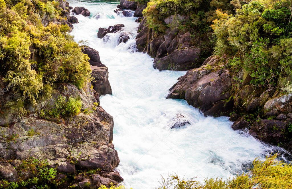 Aratiatia Rapids on the Waikato River after the spill gates of the hydroelectric dam at the top of the narrow gorge have been opened. Hobbit Desolation of Smaug was filmed here.