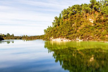 Wai-o-tapu, Jeotermal Harikalar Diyarı, Rotorua, Kuzey Adası, Yeni Zelanda 'da çamurlu, turkuaz sıcak su, havuzlar, buhar ve mağaralar.