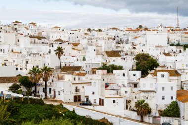 Beyaz şehrin havadan görünüşü (pueblo blanco) Endülüs 'te Vejer de la Frontera, Avrupa' da İspanya.