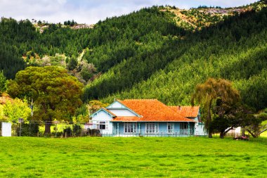Typical wooden house in the countryside of North Island, Coromandel Peninsula, New Zealand clipart