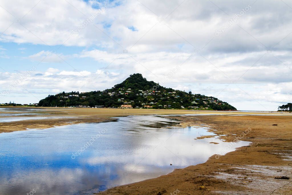 Aerial view of a picturesque bay on Coromandel Peninsula during low tide, North Island, New Zealand