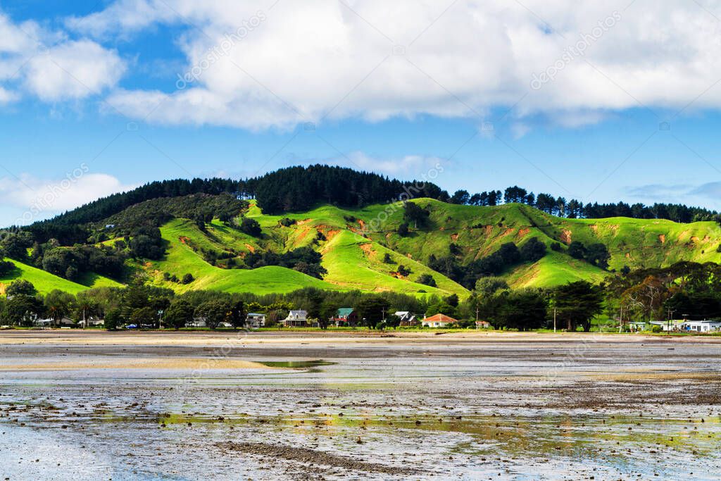 Aerial view of a picturesque bay on Coromandel Peninsula during low tide, North Island, New Zealand