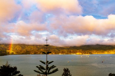 Coromandel Yarımadası 'ndaki körfezin manzarası güneşli bir gecede, Yeni Zelanda' nın kuzey adasında.