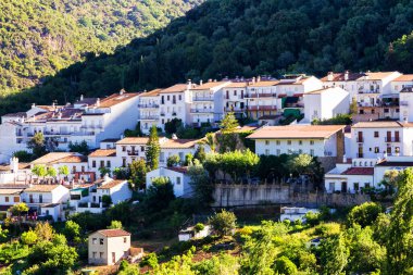 Endülüs 'te beyaz şehrin güneşli bir günde (pueblo blanco) Benamahoma manzarası. Beyaz köyler İspanya, Malaga, Avrupa 'nın popüler turistik beldeleri ve eğlence merkezleridir..