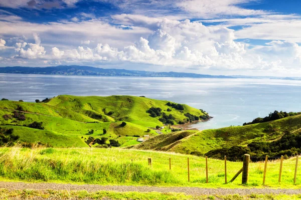 Rollende Grüne Farmfelder Unter Einem Ruhigen Blauen Himmel Auf Der — Stockfoto