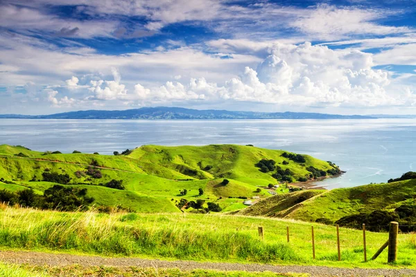 Rollende Grüne Farmfelder Unter Einem Ruhigen Blauen Himmel Auf Der — Stockfoto