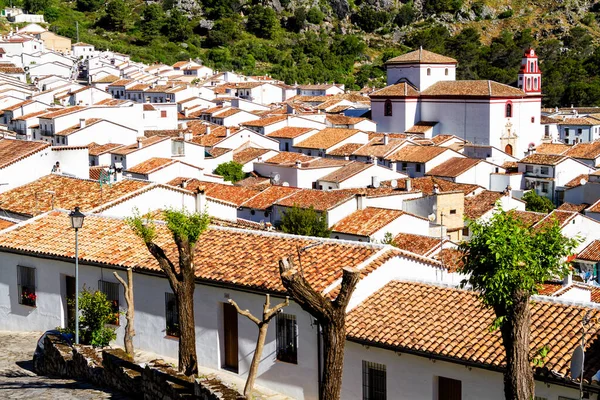 stock image Aerial view of white city (pueblo blanco) Grazalema in Andalusia, Spain in Europe.