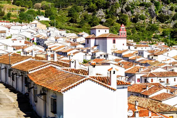 Αεροφωτογραφία Της Λευκής Πόλης Pueblo Blanco Grazalema Στην Ανδαλουσία Ισπανία — Φωτογραφία Αρχείου