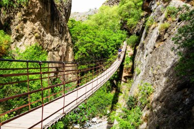 Los Cahorros, Granada, Endülüs, İspanya 'daki bir kanyon üzerinde geniş açılı bir köprü manzarası.
