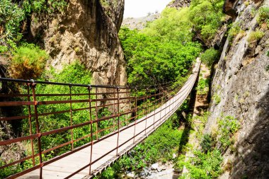 Los Cahorros, Granada, Endülüs, İspanya 'daki bir kanyon üzerinde geniş açılı bir köprü manzarası.