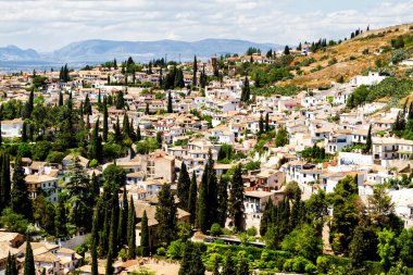Granada 'nın hava manzarası, İspanya' nın ünlü Endülüs şehri. Burası UNESCO 'nun Dünya Mirasları Merkezi ve önemli bir turistik ilgi merkezi. Alhambra sarayı kompleksinden görüntü