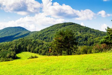 Dağlar manzaralı. Beskid Niski dağlarındaki çayırların ve ormanların manzarası. Karpat Dağları manzarası, Polonya.