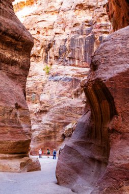PETRA, JORDAN - 14, 2017: Siq, Ürdün 'ün gizli kenti Petra' ya giriş kapısı görevi gören dar kanyon, burada turistlerle birlikte görülüyor.