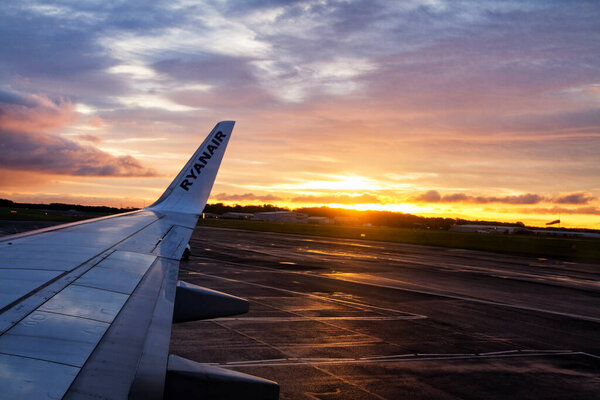 NEWCASTLE, ENGLAND - NOVEMBER 9, 2017: RYANAIR Boeing 737 landed and taxied to the gate in Newcastle upon Tyne airport, United Kingdom