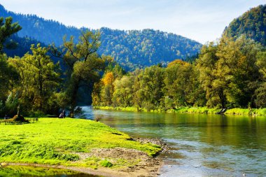 Polonya, Szczawnica 'daki Dunajec nehri. Geleneksel ahşap bir teknede rafting yapmak Pieniny Ulusal Parkı 'nda popüler bir turistik cazibedir.