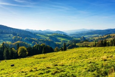 Pieniny, Polonya 'da sonbahar. Sıcak ve güneşli bir günde Polonya dağlarının manzarası.