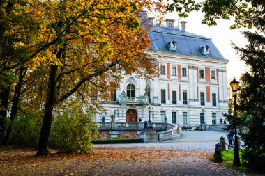 PSZCZYNA, POLAND - OCT 10, 2018: Polonya 'nın Pszczyna kasabasındaki kale. Güzel antika neo barok kale. Sonbahar zamanı.