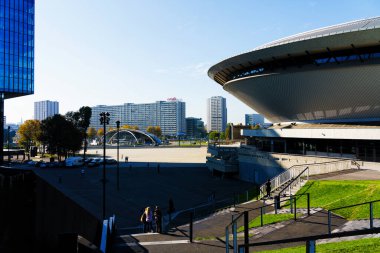 KATOWICE, POLAND - 11 Ocak 2018 Spodek Hall Arena ve Uluslararası Konferans Merkezi. Aralık 2018 'de ONZ Birleşmiş Milletler İklim Değişikliği Çerçeve Sözleşmesi - COP24.
