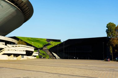 KATOWICE, POLAND - 11 Ocak 2018 Spodek Hall Arena ve Uluslararası Konferans Merkezi. Aralık 2018 'de ONZ Birleşmiş Milletler İklim Değişikliği Çerçeve Sözleşmesi - COP24.