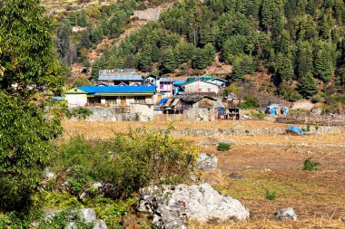 Himalayalar 'daki Annapurna Pisti, Nepal' de küçük bir kasaba ya da bir yerleşim yeri. Bazı binalar turistlere otel, pansiyon ve restoran olarak hizmet veriyor..