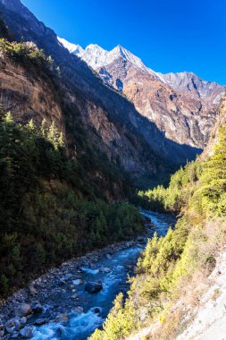Nepal 'de popüler bir turizm beldesi olan Annapurna Circuit Trail' in panoramik manzarası. Thorong La ya da Thorung La geçidine ana kampa giden yol..