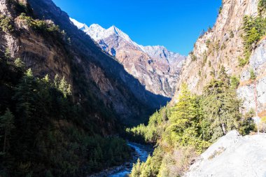 Nepal 'de popüler bir turizm beldesi olan Annapurna Circuit Trail' in panoramik manzarası. Thorong La ya da Thorung La geçidine ana kampa giden yol..