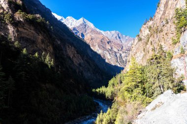 Nepal 'de popüler bir turizm beldesi olan Annapurna Circuit Trail' in panoramik manzarası. Thorong La ya da Thorung La geçidine ana kampa giden yol..