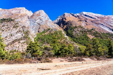 Nepal 'de popüler bir turizm beldesi olan Annapurna Circuit Trail' in panoramik manzarası. Thorong La ya da Thorung La geçidine ana kampa giden yol..