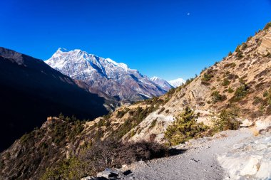 Nepal 'de popüler bir turizm beldesi olan Annapurna Circuit Trail' in panoramik manzarası. Thorong La ya da Thorung La geçidine ana kampa giden yol..