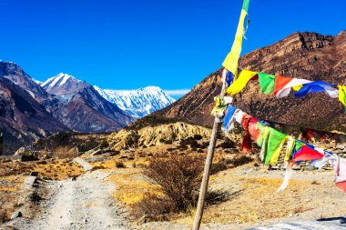 Nepal 'de popüler bir turizm beldesi olan Annapurna Circuit Trail' in panoramik manzarası. Thorong La ya da Thorung La geçidine. Rüzgarda dalgalanan renkli Budist bayraklarıyla.