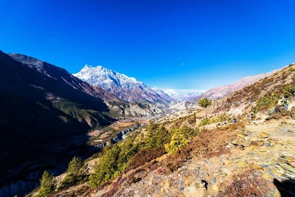 ネパールで人気のある観光地のトレイルのパノラマビュー Annapurna Circuit Trail ベースキャンプとソロン ラまたはソロン ラパスへの道 — ストック写真