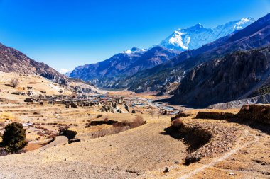 Nepal 'de popüler bir turizm beldesi olan Annapurna Circuit Trail' in panoramik manzarası. Thorong La ya da Thorung La geçidine ana kampa giden yol..