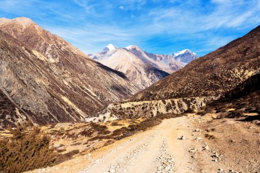 Nepal 'de popüler bir turizm beldesi olan Annapurna Circuit Trail' in panoramik manzarası. Thorong La ya da Thorung La geçidine ana kampa giden yol..